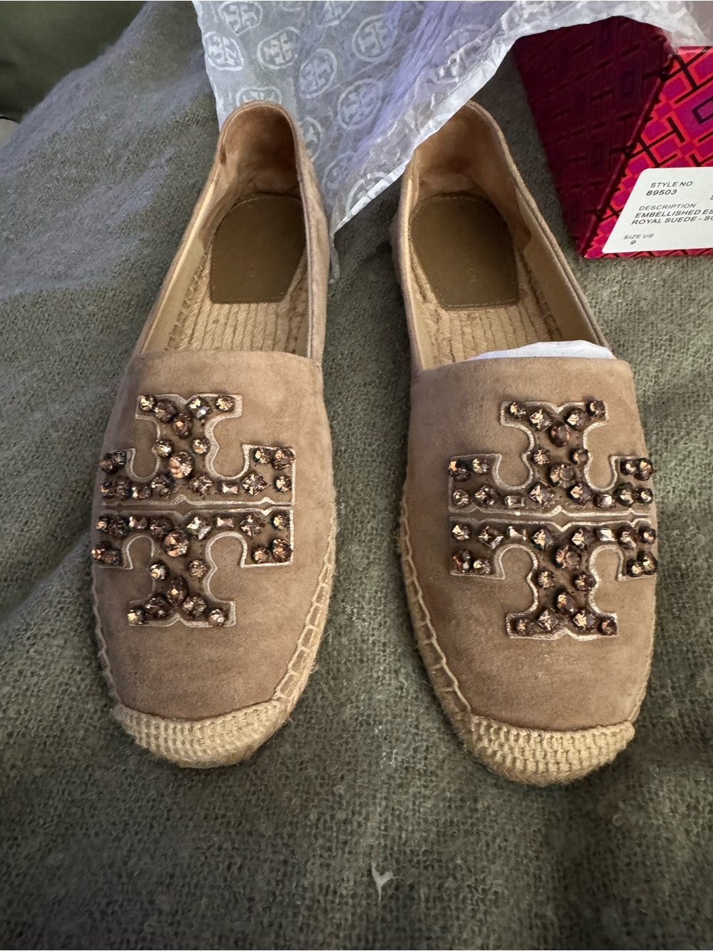 Tory Burch Taupe Suede Espadrille Slip-Ons with Embellished Logo - Picture 1 of 6